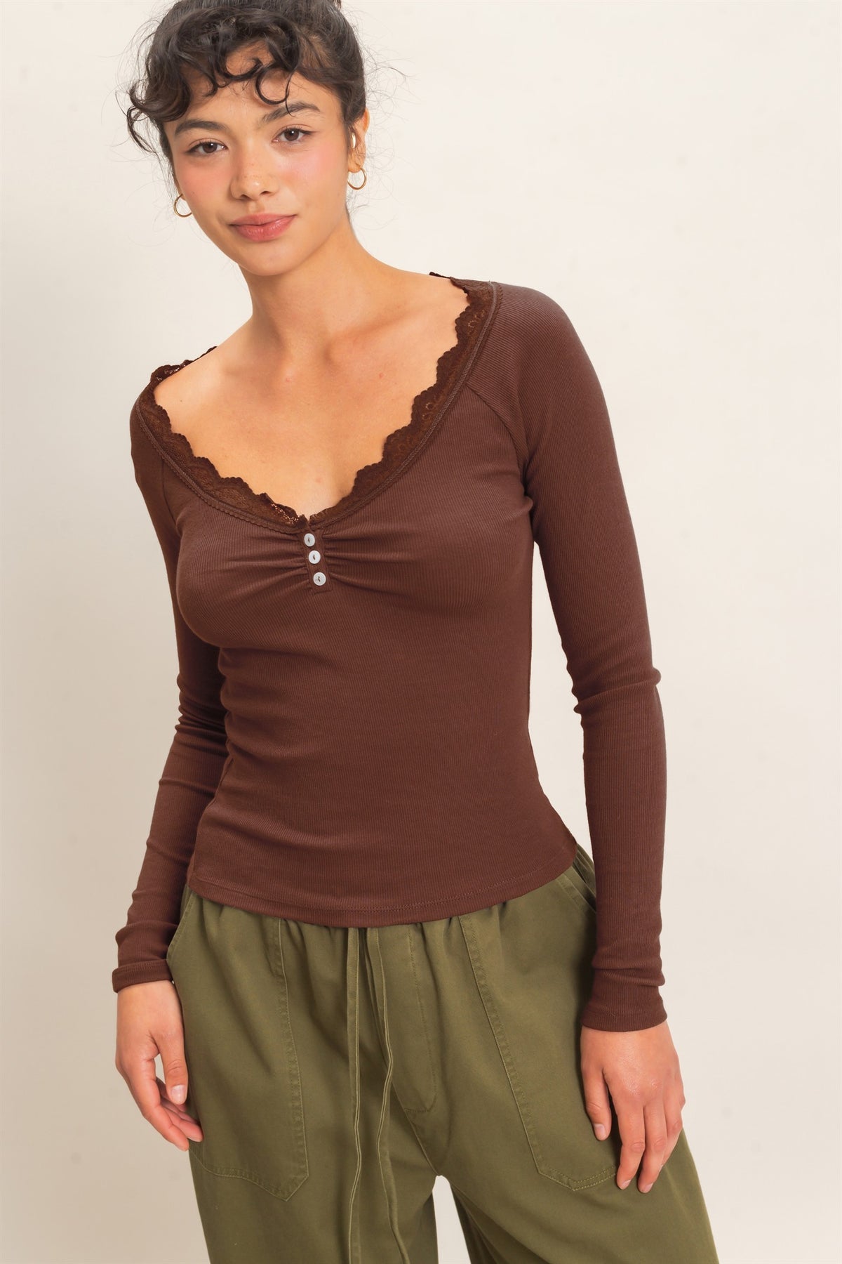 HYFVE INC. Women's Top Lace-trim Henley Top