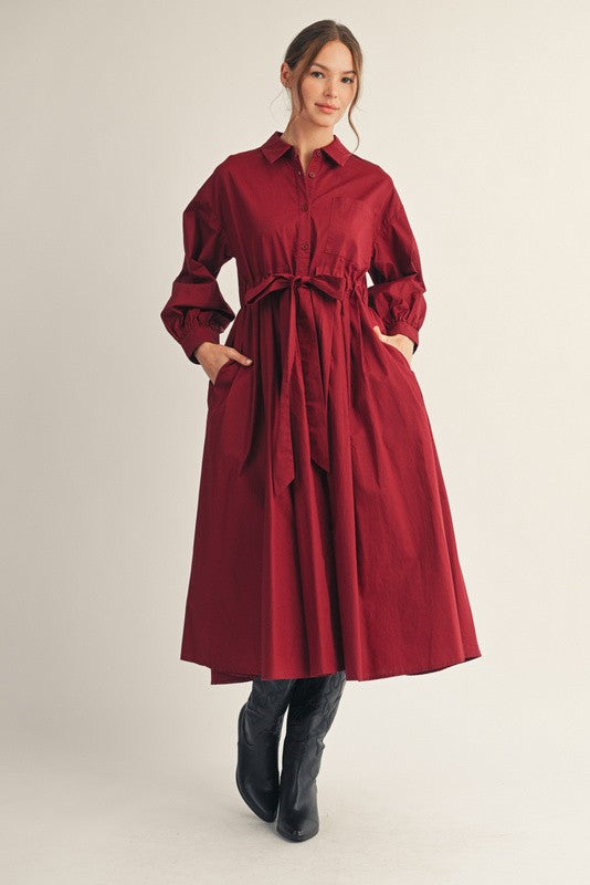 JODIFL Women's Dresses BURGUNDY / S Front Pleat Accent Button Down Midi Dress G14999