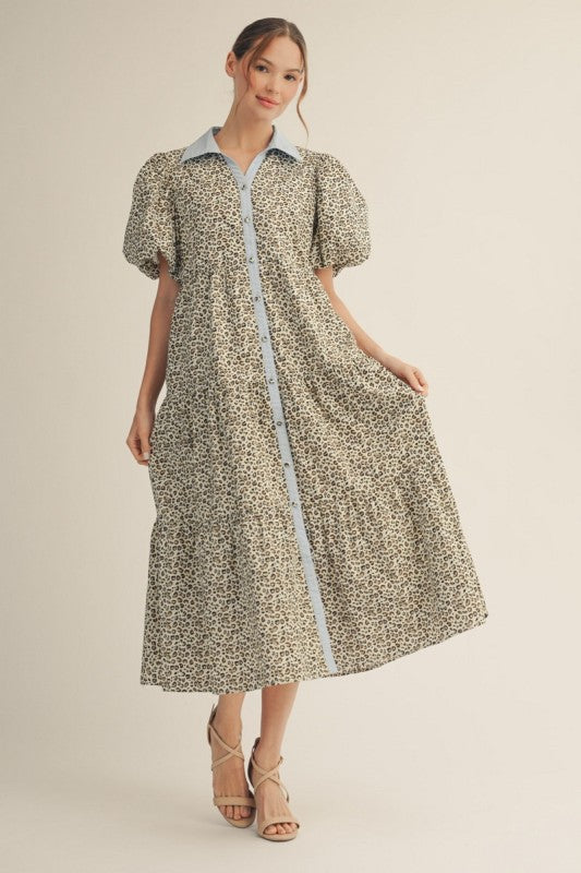 Button Down Tiered Leopard Midi Dress