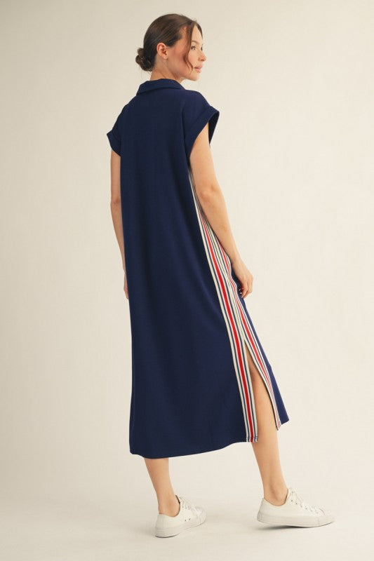 navy casual midi dress Color Band Trim Detail Side Slit Casual Midi Dress