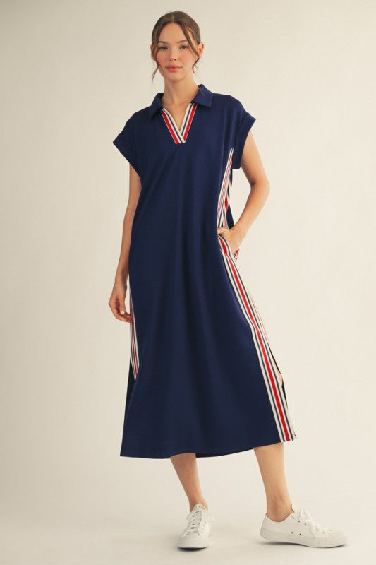 Color Band Trim Detail Side Slit Casual Midi Dress - Navy / L Color Band Trim Detail Side Slit Casual Midi Dress - Navy / L