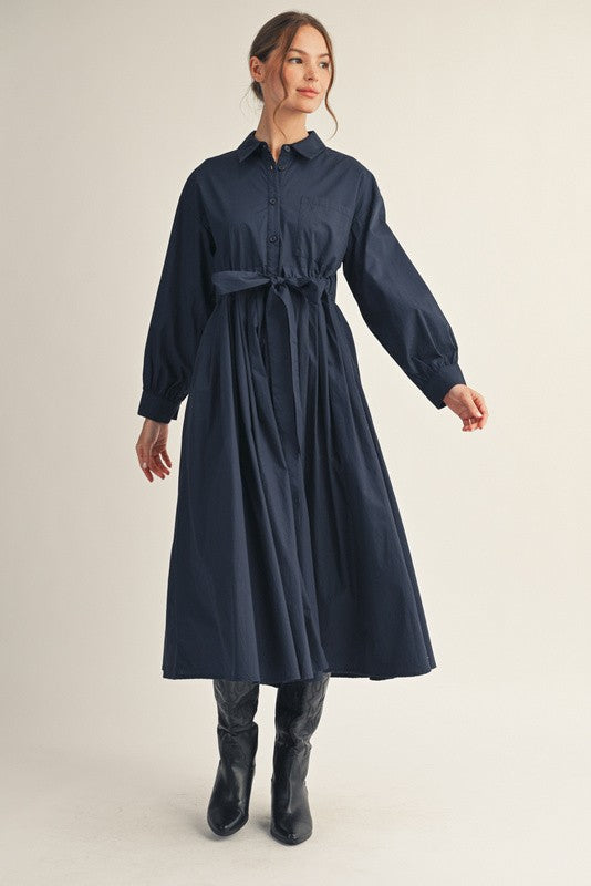 JODIFL Women's Dresses NAVY / S Front Pleat Accent Button Down Midi Dress G14999