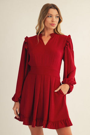 JODIFL Women's Dresses Ruffle Detail Front Pleated Solid Dress || David's Clothing