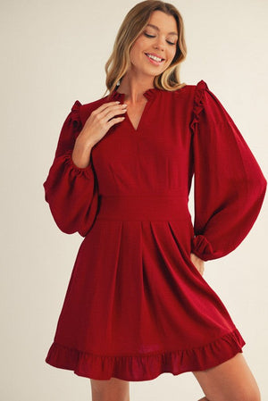 JODIFL Women's Dresses Ruffle Detail Front Pleated Solid Dress || David's Clothing