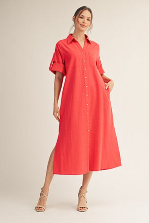 JODIFL Women's Dresses Side Slit Detail Button Down Woven Midi Dress