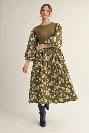 JODIFL Women's Dresses Solid Rib Knit Contrast Floral Midi Dress || David's Clothing