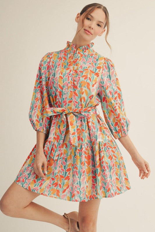 Waist Tie Vibrant Floral Tiered Dress