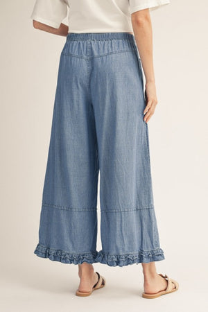 JODIFL Women's Pants Ruffle Hem Detail Washed Denim Pants