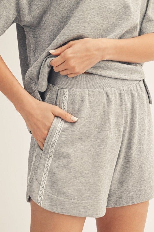 JODIFL Women's Set Lace Accent Washed Top & Shorts Sets