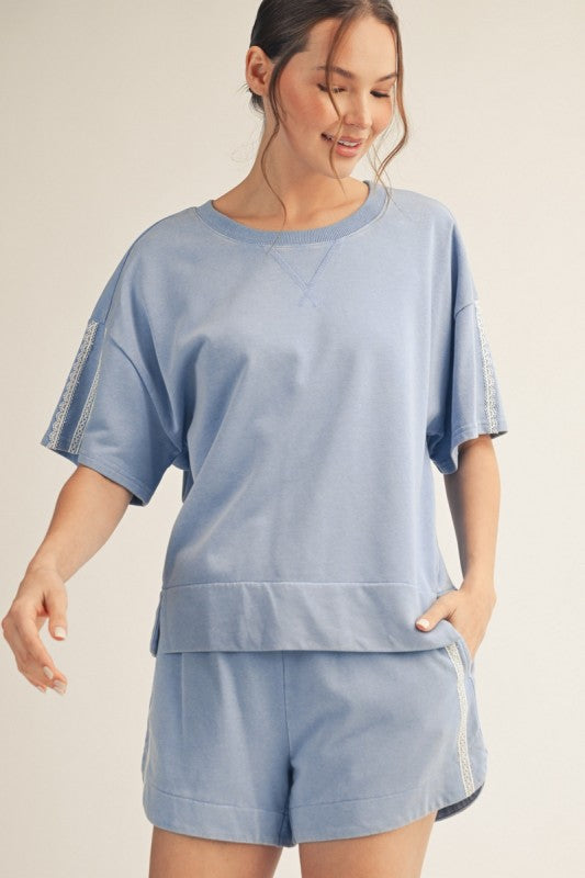 JODIFL Women's Set Lace Accent Washed Top & Shorts Sets