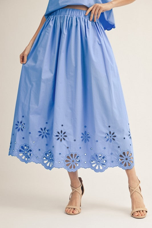 JODIFL Women's Skirts Elastic Waist Eyelet Midi Skirt