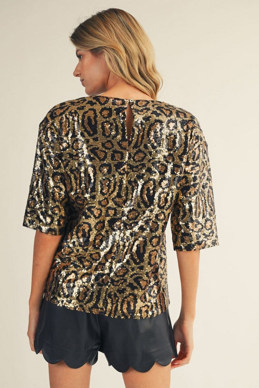 JODIFL Women's Top Animal Pattern Sequins Top