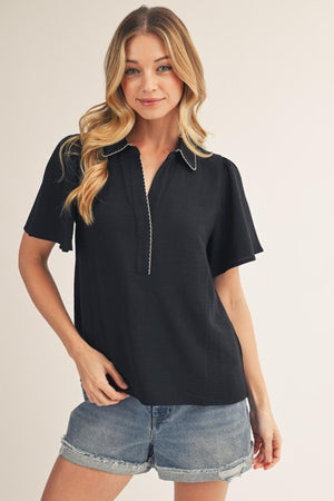 JODIFL Women's Top BLACK / S Embroidered Scallop Edge Accent Crinkle Top G15826