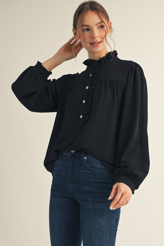 JODIFL Women's Top BLACK / S Ruffle Accent Texture Fabric Top G14772