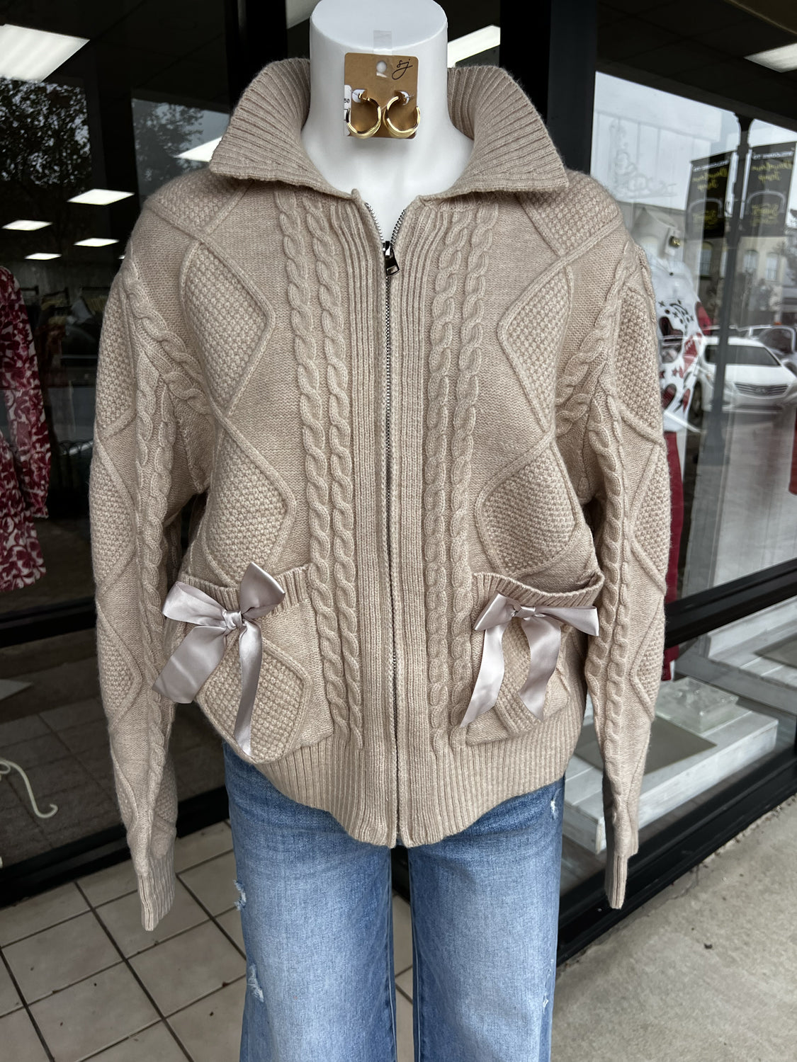 JODIFL Women's Top Bow Accent Cable Knit Sweater Cardigan