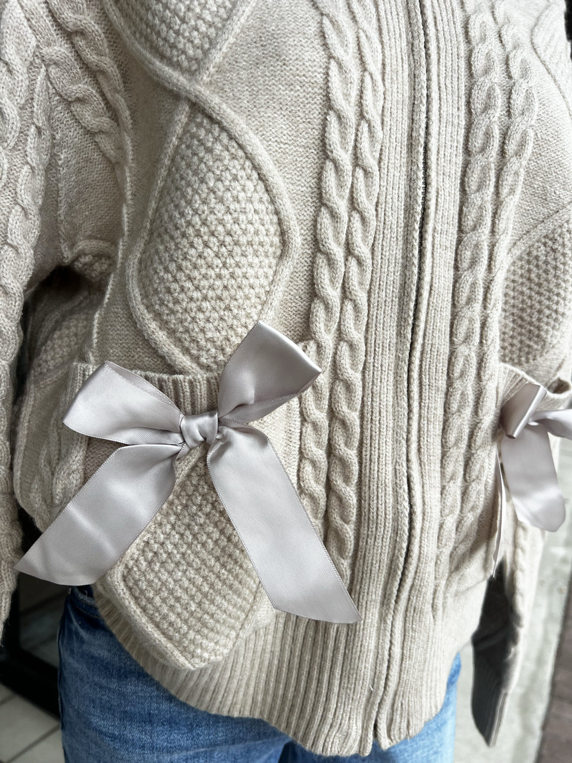 JODIFL Women's Top Bow Accent Cable Knit Sweater Cardigan