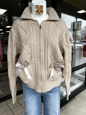 JODIFL Women's Top Bow Accent Cable Knit Sweater Cardigan