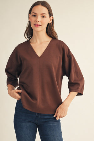 JODIFL Women's Top BROWN / S Soft Textured V-Neck Top | David's Clothing G15341