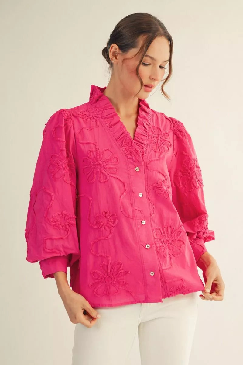 JODIFL Women's Top BUBBLEGU / S Button Down 3d Floral Top H12376