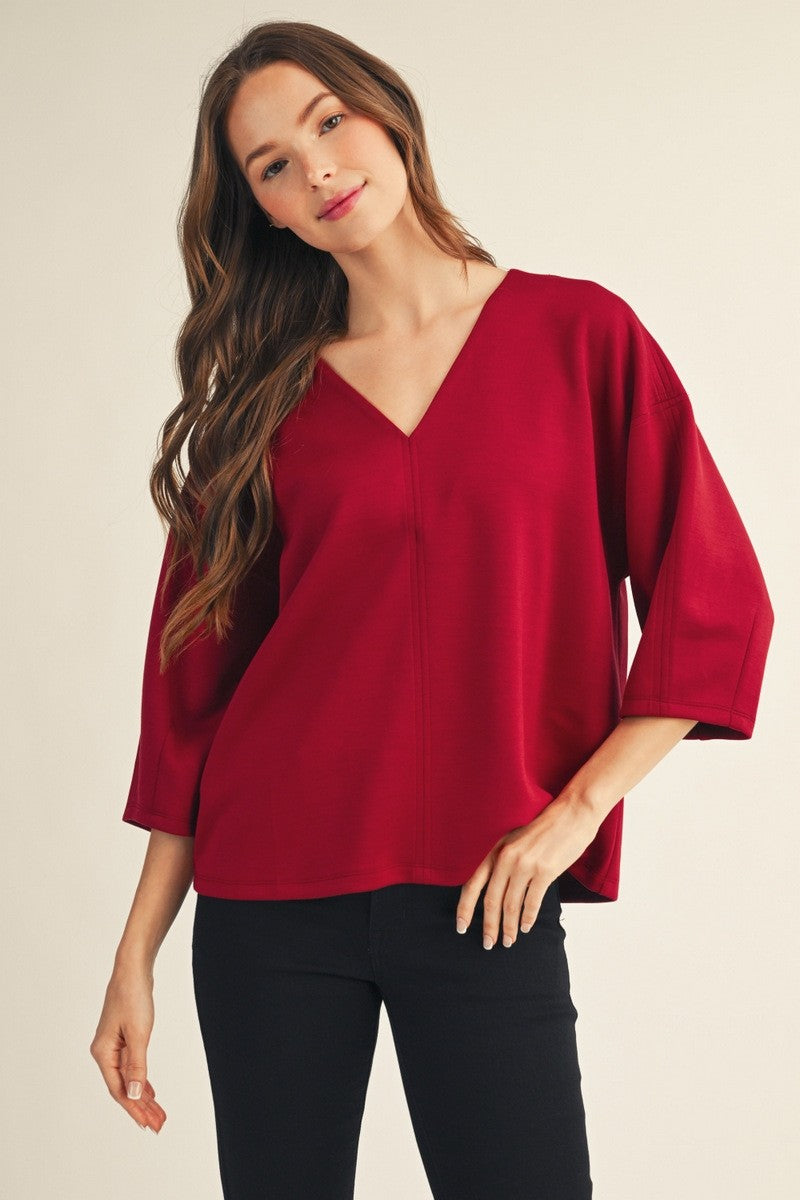 JODIFL Women's Top BURGUNDY / S Soft Textured V-Neck Top | David's Clothing G15341