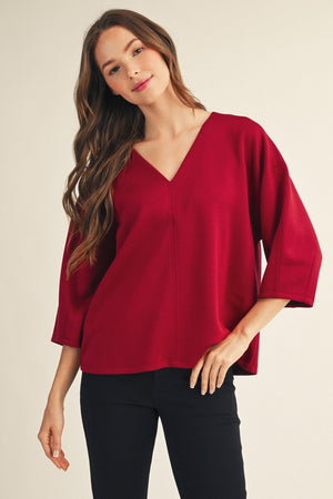 JODIFL Women's Top BURGUNDY / S Soft Textured V-Neck Top | David's Clothing G15341
