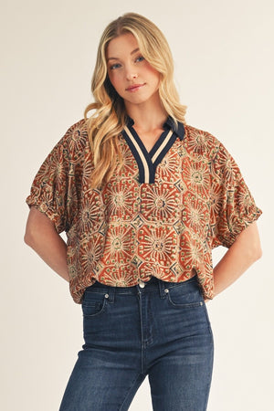 JODIFL Women's Top Contrast Accent Boho Print Top