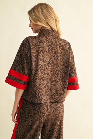 JODIFL Women's Top Contrast Detail Faux Suede Leopard Zip-Up Top