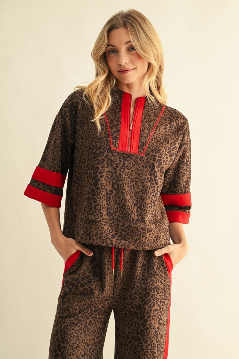 JODIFL Women's Top Contrast Detail Faux Suede Leopard Zip-Up Top