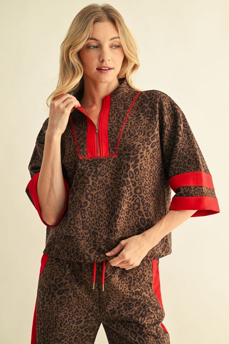JODIFL Women's Top Contrast Detail Faux Suede Leopard Zip-Up Top