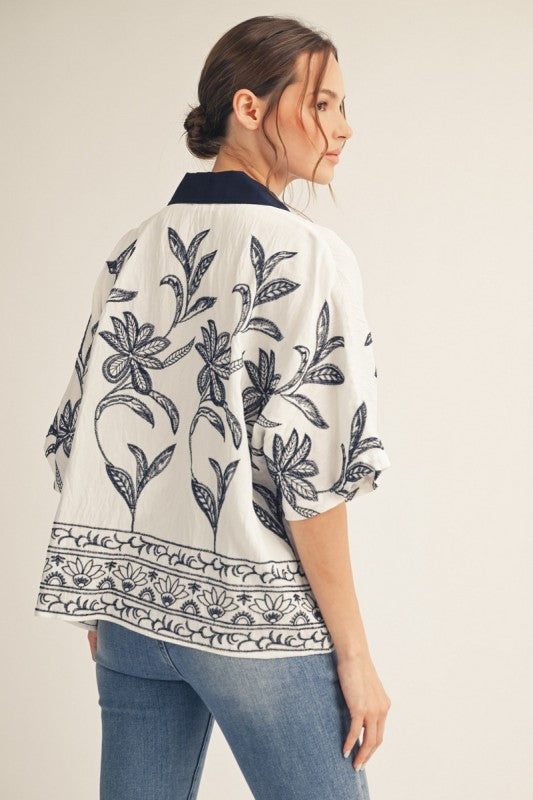 JODIFL Women's Top Drop Shoulder Embroidered Top