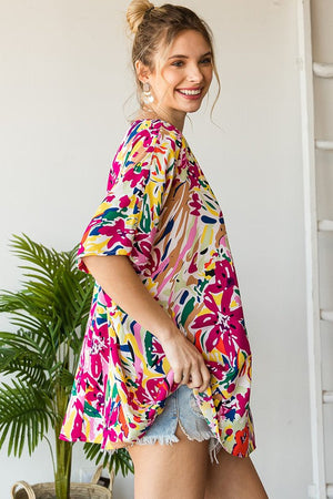JODIFL Women's Top Floral Print Oversized Pocket Top || David's Clothing