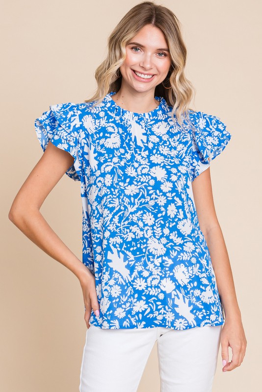 JODIFL Women's Top Floral Print Ruffled Cap Sleeves Top || David's Clothing