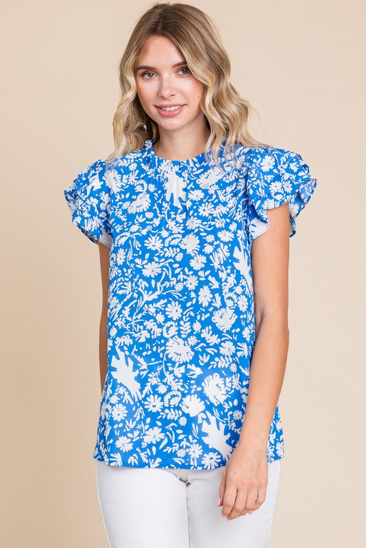 JODIFL Women's Top Floral Print Ruffled Cap Sleeves Top || David's Clothing