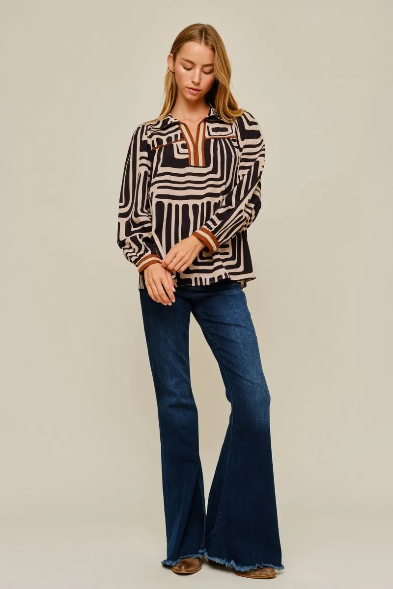 JODIFL Women's Top Geo Print Long Sleeve Top