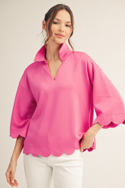 JODIFL Women's Top HOT PINK / S Scallop Edge Detail Solid Top G14737