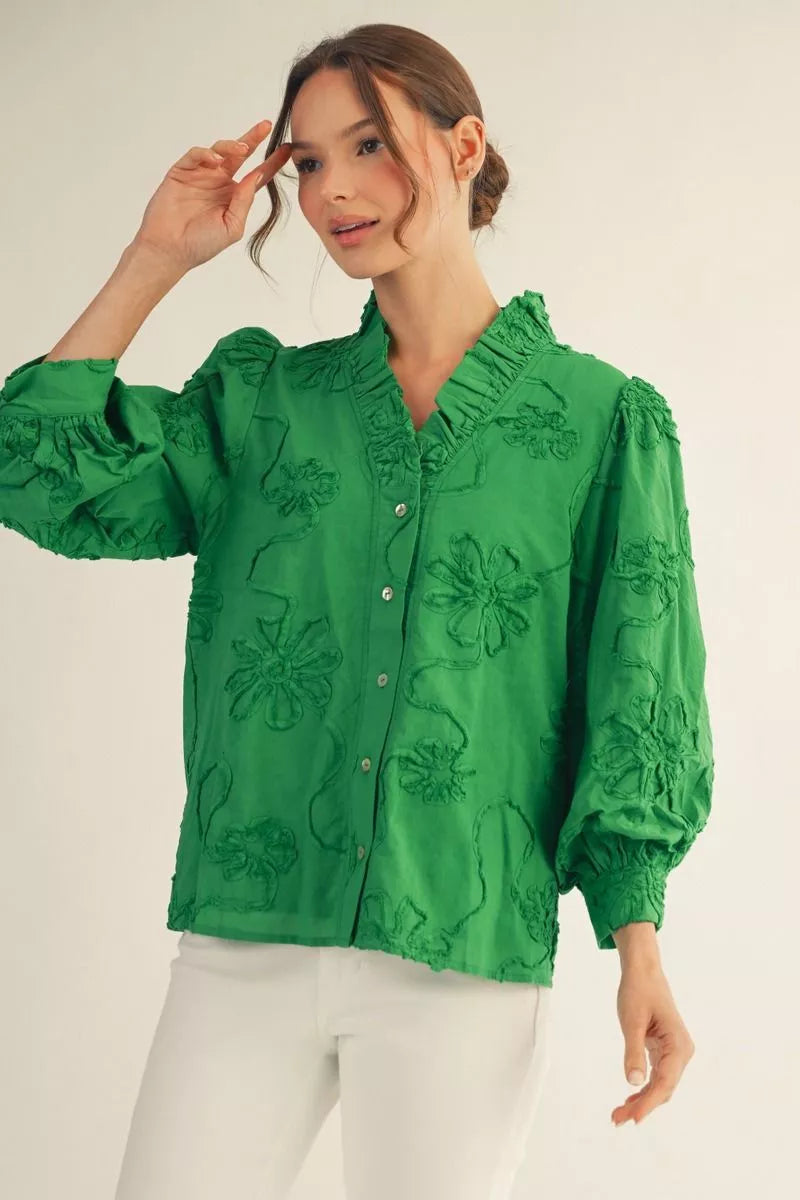 JODIFL Women's Top KELLY GR / S Button Down 3d Floral Top H12376