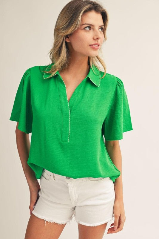 JODIFL Women's Top KELLY GR / S Embroidered Scallop Edge Accent Crinkle Top G15826