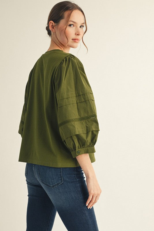 JODIFL Women's Top OLIVE / S Ladder Lace 3/4 Sleeves Solid Top G14509