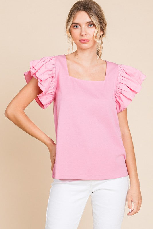 JODIFL Women's Top PINK / S Solid Ruffled Layer Shoulder Top || David's Clothing G11050