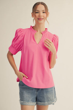 JODIFL Women's Top Puff Shoulder Ruffled Neckline Crinkle Solid Top