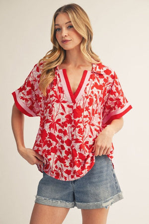 JODIFL Women's Top RED / S Drop Shoulder Tropical Floral Top G15577