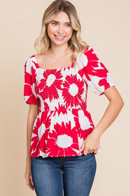 JODIFL Women's Top RED / S Flower Print Baby Doll Top || David's Clothing H30019