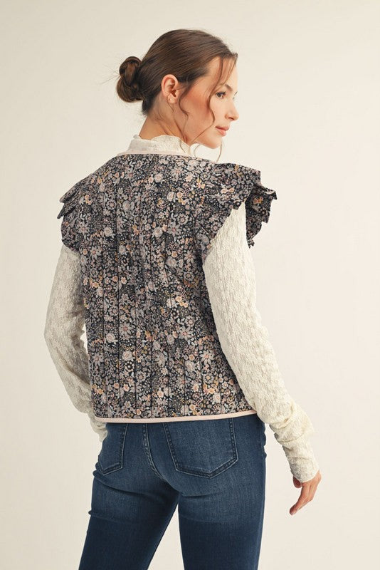 JODIFL Women's Top Ruffle Cap Sleeves Floral Quilted Vest