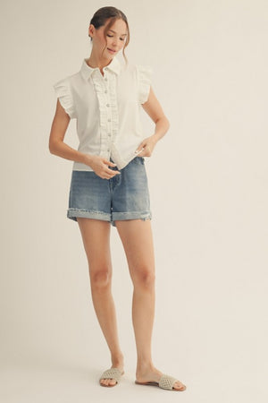 JODIFL Women's Top Ruffle Detail Button Down Crinkled Solid Top