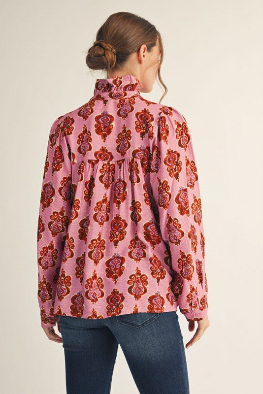 JODIFL Women's Top Ruffled High Neck Damask Print Top || David's Clothing