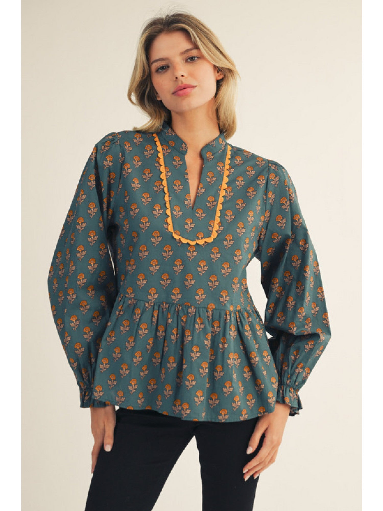 JODIFL Women's Top Ruffled Long Sleeves Floral Peplum Top || David's Clothing