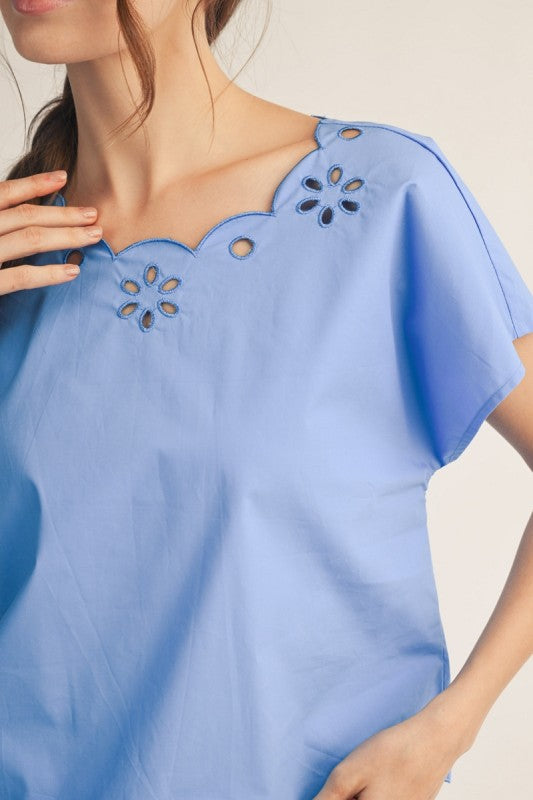 JODIFL Women's Top Scallop Edge Detail Eyelet Top