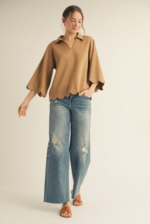 JODIFL Women's Top Scallop Edge Detail Solid Top