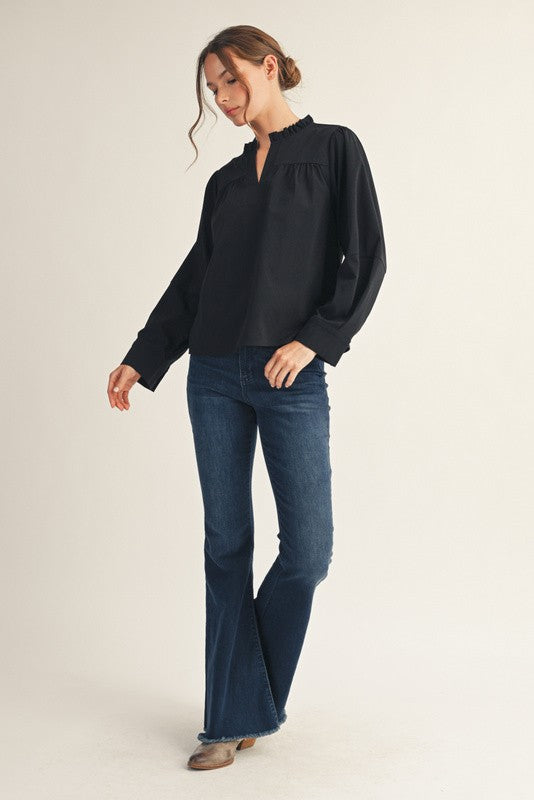 JODIFL Women's Top Sleeve Pleat Detail Crinkled Solid Top