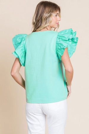 JODIFL Women's Top Solid Ruffled Layer Shoulder Top || David's Clothing
